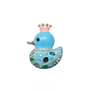 Gold Toned Sky Blue Enamel Crown Duck Brooch with Rhinestones